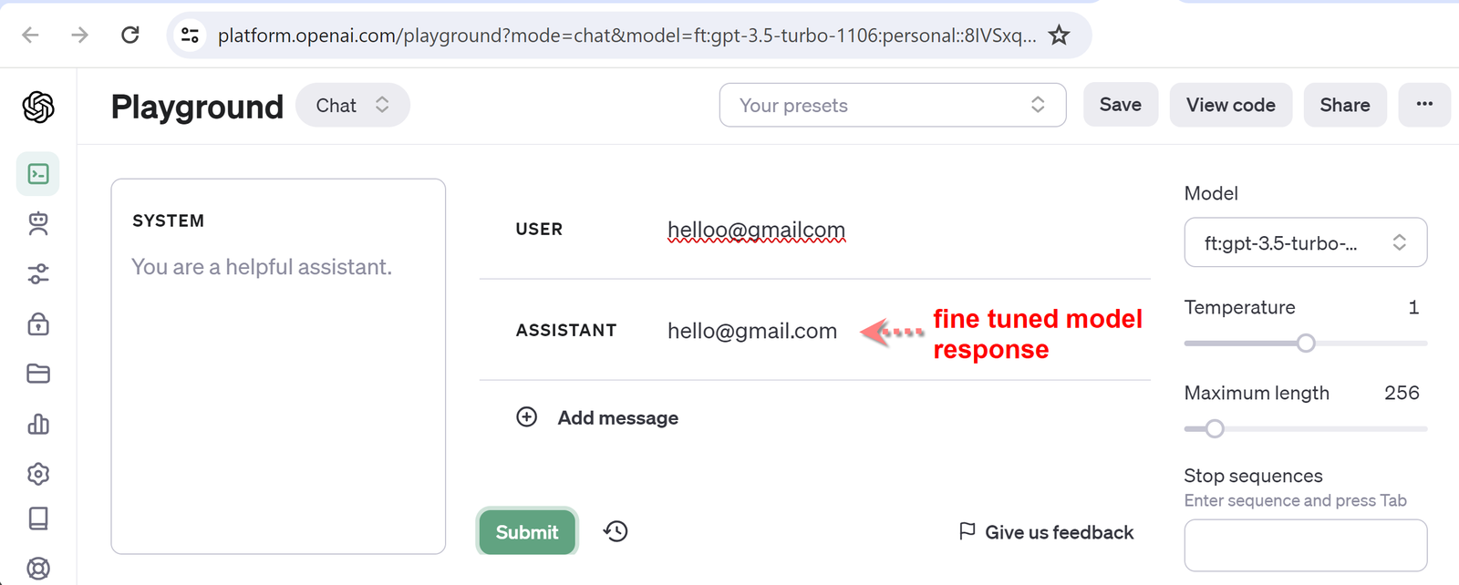 gpt fine-tuned model response