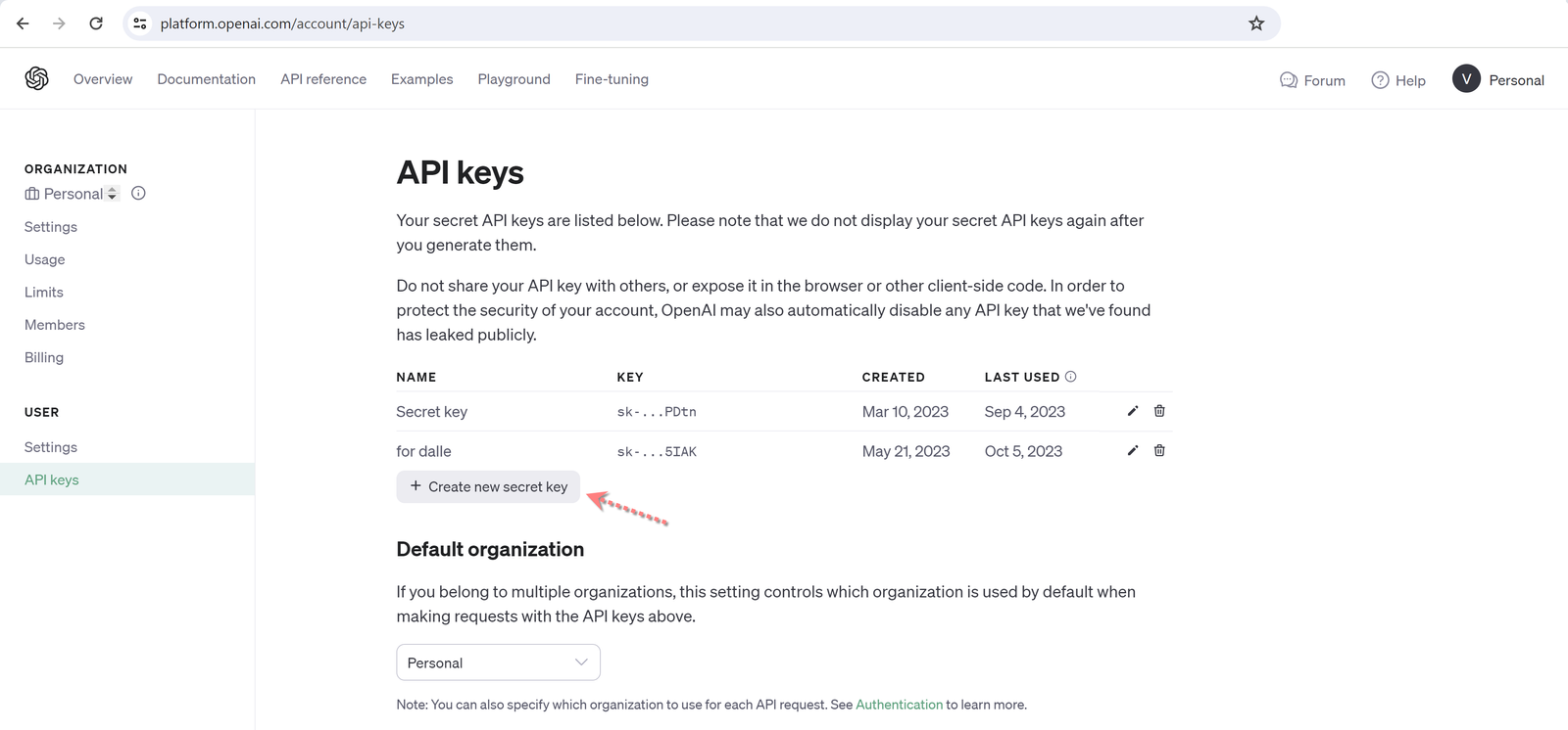 create new api key page