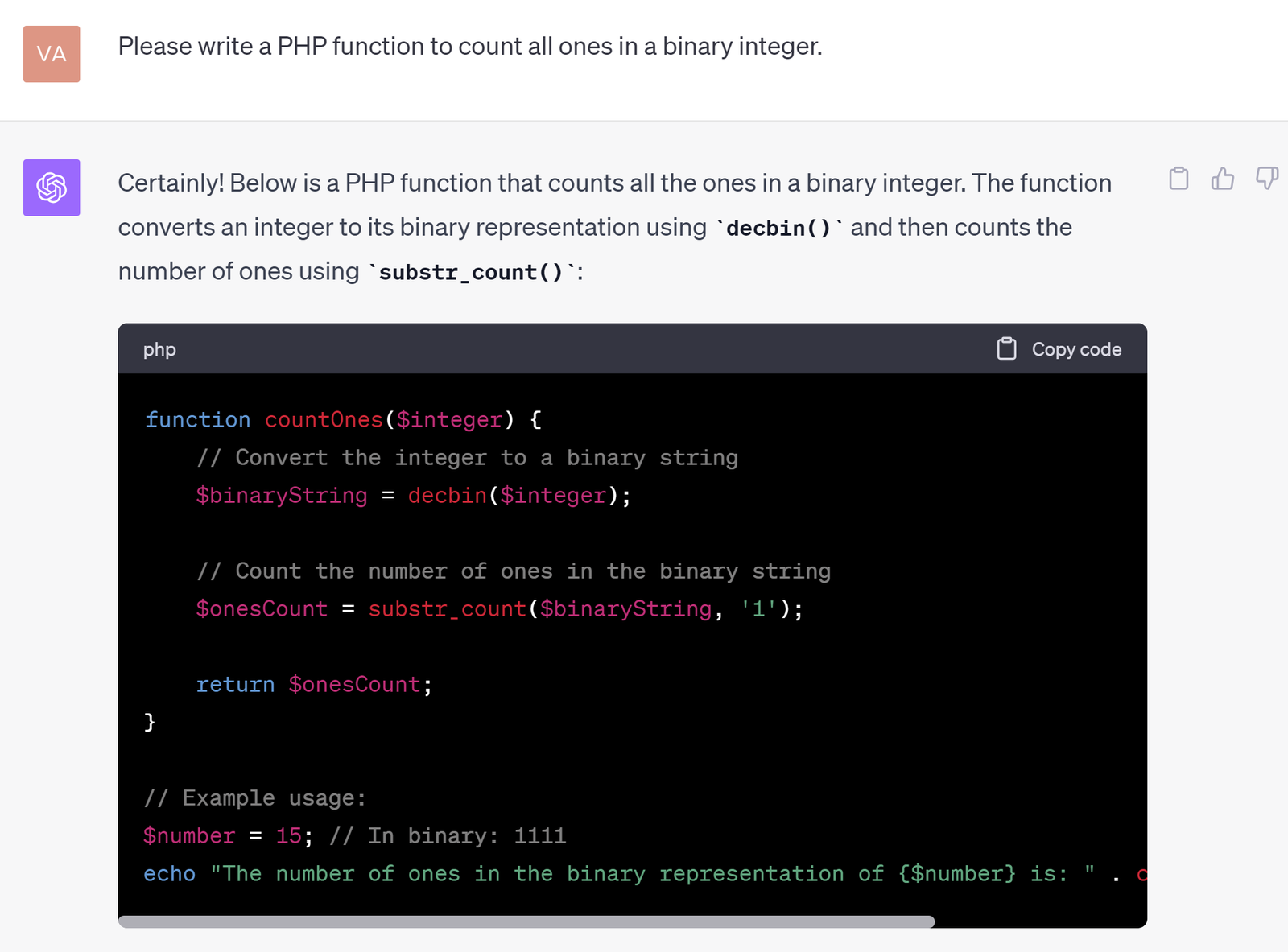 chatgpt simple php function