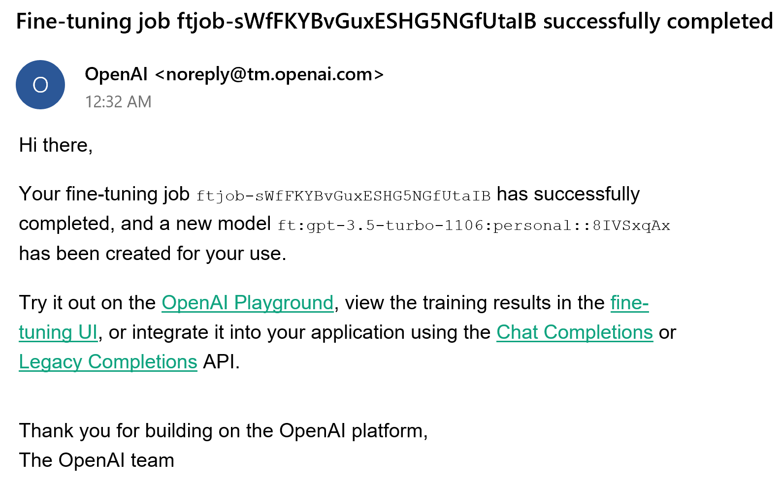 gpt fine tune completed email message